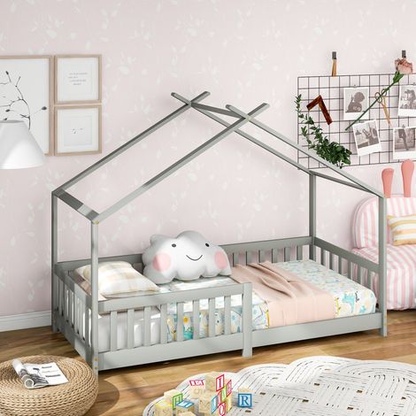 Lit Cabane 90x200cm - Lit Enfant 90x200 - Lit en Bois Massif avec Barrière de Sécurité – Structure FSC – Style Moderne – Gris (1/5)