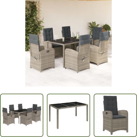 vidaXL Gartenessgruppe - 7-tlg. Garten-Essgruppe mit Kissen Grau Poly Rattan (1/5)