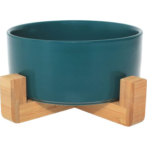 Gamelle en céramique pour animaux avec support en bambou — (Vert) Gamelle à bord droit