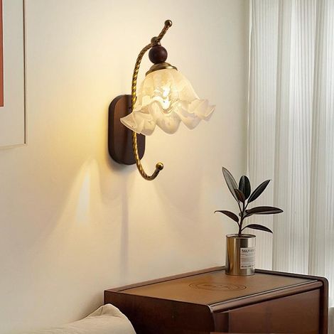 Lámpara de pared de cristal esmerilado - Diseño floral medieval - Conexión permanente - Dorado con madera - Lámpara de pared de estilo rústico vintage - Pasillo - Casa de campo (1/3)