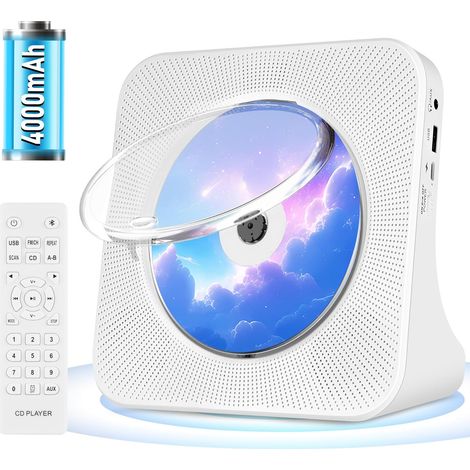 Lecteur CD Portable Rechargeable 4000mAh, Lecteur CD stéréo avec Bluetooth AUX, Radio FM, USB, Lecteurs de CD de bureau avec télécommande, Couverture contre la poussière, écran LED (1/5)