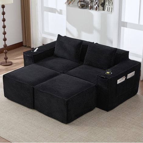 Modulares 2-Sitzer-Sofa mit 2 Hockern, Getränkehaltern und Taschen, schwarzer Cord (1/5)