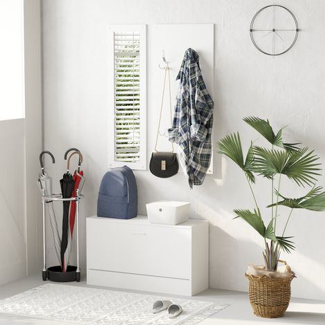 Conjunto de muebles de recibidor de 3 piezas con banco para zapatos, perchero de pared y espejo, armario de madera para dormitorio y recibidor, 80x27x46,5 cm, blanco (1/5)
