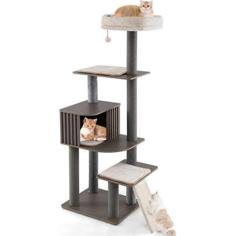 Arbre à Chat Multi-niveaux Haut 171CM, Perchoir Coussiné, Niche Style Clôture Moderne, Mobilier d'Escalade en Bois avec Boule Suspendue, Gris (1/5)