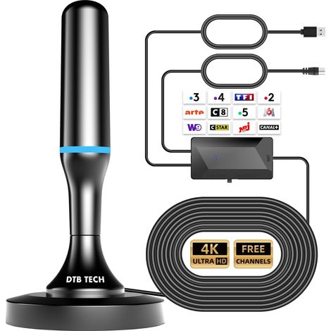 Antenne TV Intérieur, Antenne TV Intérieur Puissante avec Amplificateur de Signal Intelligent, Antenne Interieur TNT Puissante Réception 360° Portée 600km, 4K HD/1080P Les Chaînes Gratuites, Bleu (1/5)