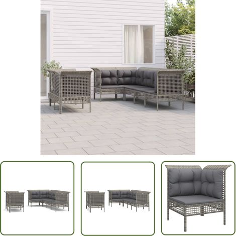The Living Store 7-tlg. Garten-Lounge-Set mit Kissen Grau Poly Rattan - Gartenmöbel - Loungesessel - Gartenloungeset - PE-Rattan Möbel - Wetterfeste Gartenmöbel (1/5)