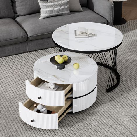 Tavolino basso rotondo impilabile 2 pezzi, bianco, effetto marmo lucido, 2 cassetti, 30 kg HAVRYA (1/5)