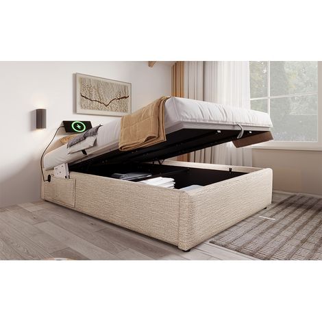 (=AB20843839N) Lit double de 160×200 cm. Structure du lit avec prise USB-C et sommier en lattes. Pas de pieds au-dessus du lit. Matériau : lin. Naturellement… (1/5)
