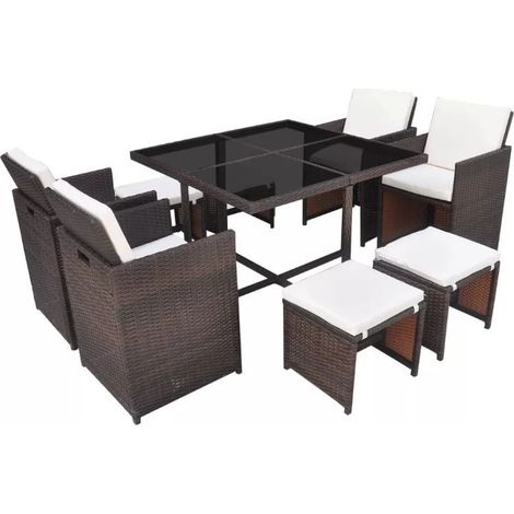 Table carrée et 4 chaises de jardin résine tressée marron Iris (1/5)