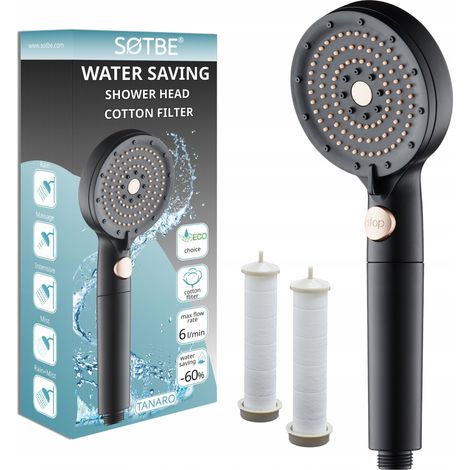 Potente cabezal de ducha de 5 funciones con filtro de algodón, AHORRO DE AGUA, negro (1/5)