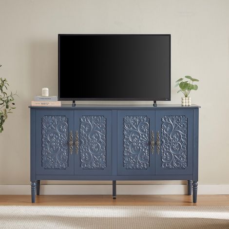 Aparador de salón 160x40x89 cm mueble auxiliar para comedor entrada estilo retro vintage de madera mdf con puertas talladas azul marino (1/5)