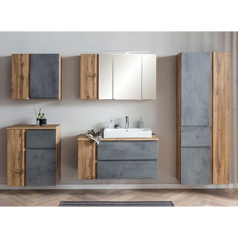 Badmöbel Set mit Aufsatzleuchte und Keramik-Aufsatzbecken rechts, Wotan Eiche Nb. mit Betonoptik, VASTO-03-CONCRETE, B/H/T ca. 265/200/47 cm (1/5)