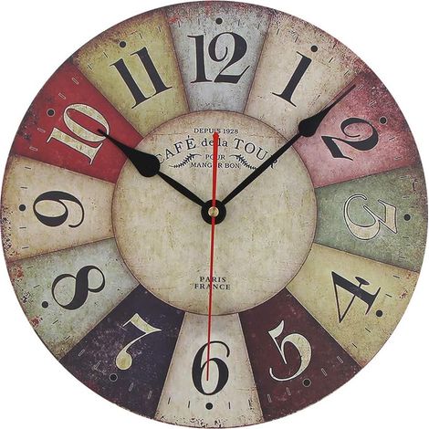 Horloge murale en bois MDF vintage rustique horloge murale ronde décorative de style rétro horloge murale à quartz (30,5 cm, colorée) (1/5)
