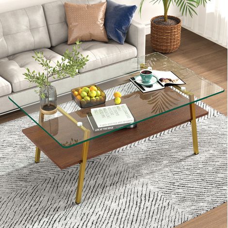 Mesa de centro rectangular de vidrio templado, patas metálicas doradas, 98 x 58 x 42,5 cm DESVIAE (1/5)