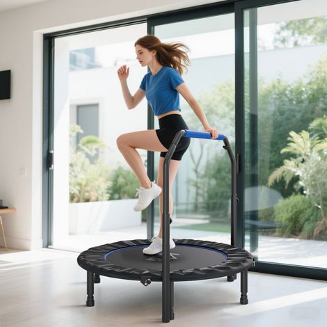 Klapptrampolin Ø114 cm mit verstellbarem Griff, Stahlrahmen für Bein- und Körpertraining, Blau und Schwarz