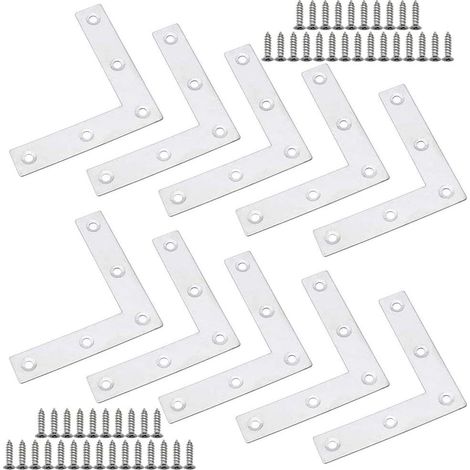 Stainless Steel Corner Reinforcement Plates, 10 Pieces Flat Fixing Brackets, Flat Corner Supports, Corner Brackets, For Repairing Furniture, Stools, Tables, Doors (1/4)