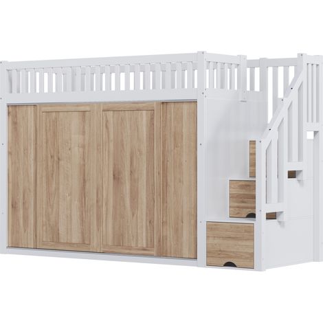Letto a soppalco per bambini 90x200 cm con armadio, scala contenitore, legno e MDF, bianco rovere (1/5)