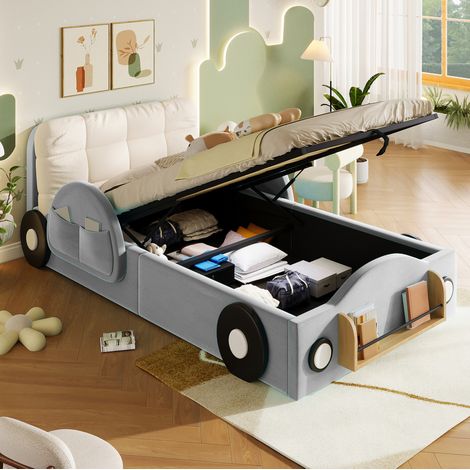 Lit coffre enfant 90x200 cm, rangement hydraulique, poches latérales, tête de lit rembourrée, flanelle gris (1/5)