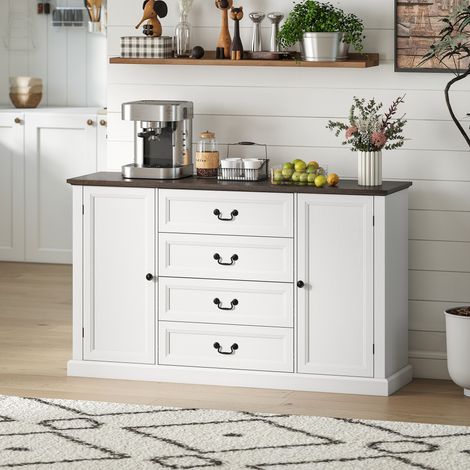 Buffet de cuisine de style vintage avec 4 tiroirs et 2 placards à étagères réglables, 147 x 40 x 87 cm, bois blanc (1/5)