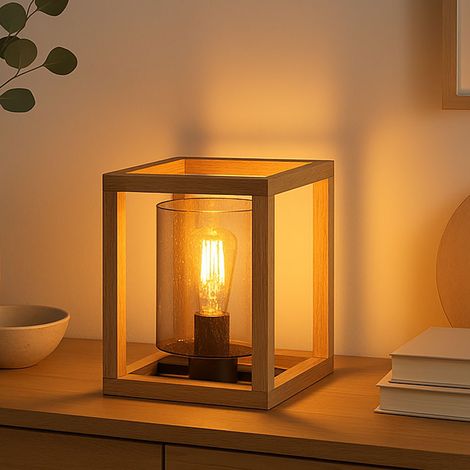LED Tischlampe Rauchglas Tischleuchte schwarz Beistellleuchte Holz natur, Luftblasenoptik, 7W 806lm warmweiß, LxBxH 17x17x22 cm