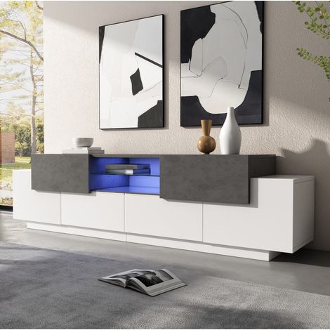 Mobile TV LED 180 cm con 2 cassetti, 4 ante, vetro temperato, bianco e grigio DESVIAE (1/5)