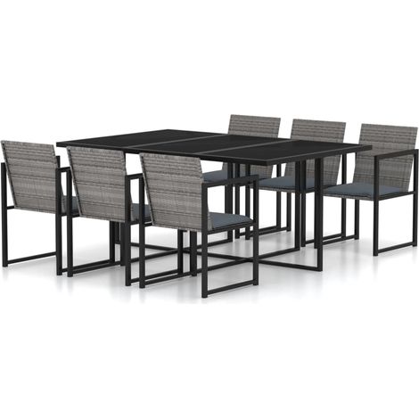 Mobilier à dîner de jardin 7pcs et coussins Résine tressée Gris 3 (1/5)