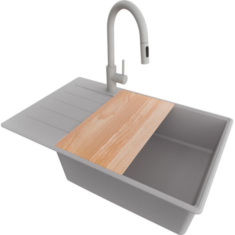PRIMAGRAN Evier Cuisine en Granit 78x50cm, Lavabo 1 bac + Robinet 40x20cm + Kit de Vidage + Accessoire, Évier à Encastrer au meuble 60cm - Copenhague, Gris (1/5)