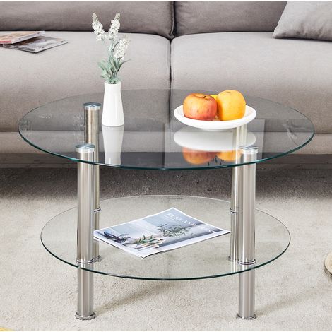 Mesa de centro 70x60x42 cm plateada y transparente de vidrio y metal con doble nivel (1/5)
