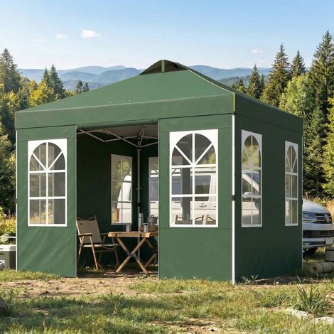 Tenda pieghevole pop-up 3x3 m con protezione UPF50+, 4 pannelli laterali rimovibili, altezza regolabile e borsa per il trasporto (verde) (1/5)