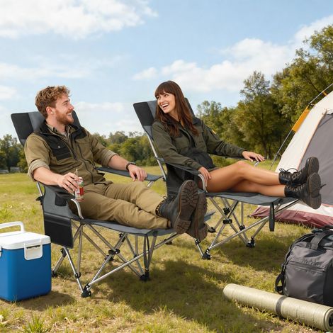 2er Set Campingstuhl faltbar Angelstuhl mit abnehmbar Fußstütze Getränkehalter belastbar 120 kg Grau