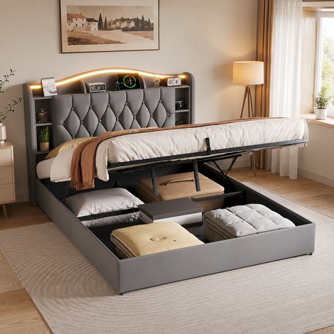 Lit Coffre 140x190 cm avec Tete de lit et sommier à Lattes, Lit Double Rembourré avec Hydraulique Rangement, Velours, sans Matelas, Gris (1/5)
