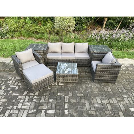 Fimous Wicker 7-Stücke Rattan Gartenmöbel Sofa Set mit Sessel 2 Beistelltische Quadratischer Couchtisch Großer Fußhocker Dunkelgrau Gemischt