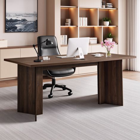 VEVOR Bureau de direction, 160 x 80 x 76 cm, bureau deordinateur moderne avec trou de connexion de cable, charge de 113,4 kg, grande table deetude en bois robuste, pour travail et ecriture, noyer (1/5)