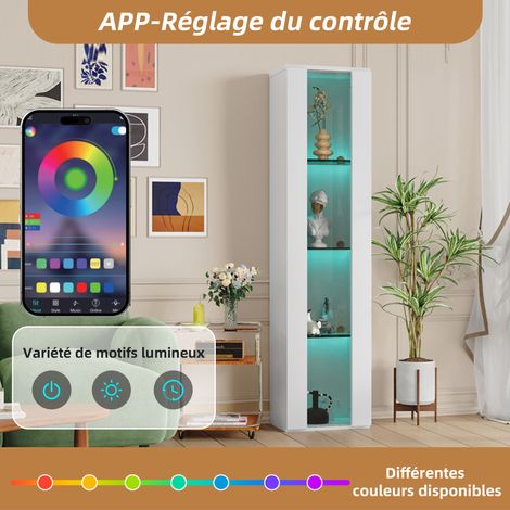 Vitrine murale blanche en verre avec 4 étagères, éclairage LED multicolore et fixation murale pour salon, bureau et collection (1/5)