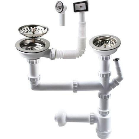 Siphon double de 114 mm pour évier avec raccord pour lave-vaisselle, siphon, siphon double pour évier, adapté pour évier avec une ouverture de 84-90 mm Z7052C006