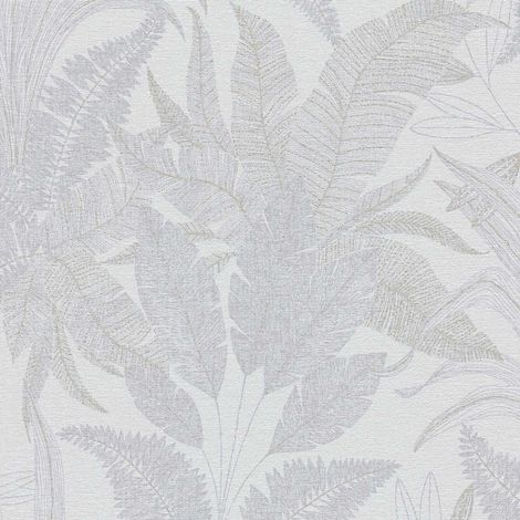 Ppaier peint floral gris & beige métallique Tapisserie nature feuillage aspect textile Papier peint intissé idéal couloir & cuisine (1/4)