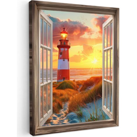 CUADRO EN LIENZO Vista - Ventana - Faro - Puesta de sol - Playa Cuadros Decorativos 60x80 cm