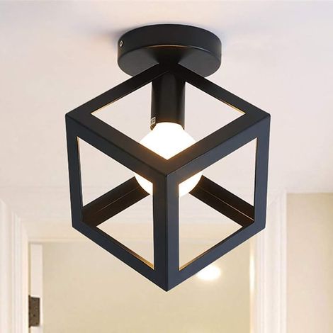 Plafonnier Luminaire Moderne Lustre Forme Cage Lampe de Plafon Vintage Abat-jour de Style Géométrique en Métal E27 Éclairage pour Chambre Salon Restaurant, Forme de Cube,16CM, Noir (1/5)