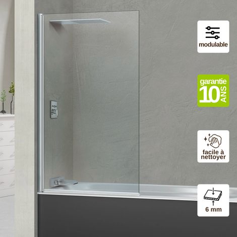 Pare Baignoire fixe + pivotant gauche en verre Trempé transparent ép 6mm anti calcaire, L85H147 cm - profilé chromé - Alsace Sport SUPERBAN (1/4)