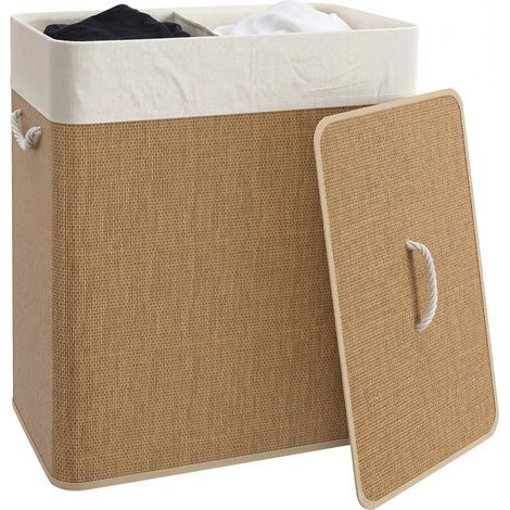 Cesto per biancheria in bambù a 2 scomparti, maniglie per un facile utilizzo e sacchi lavabili rimovibili 52 x 32 x 63 cm (1/5)