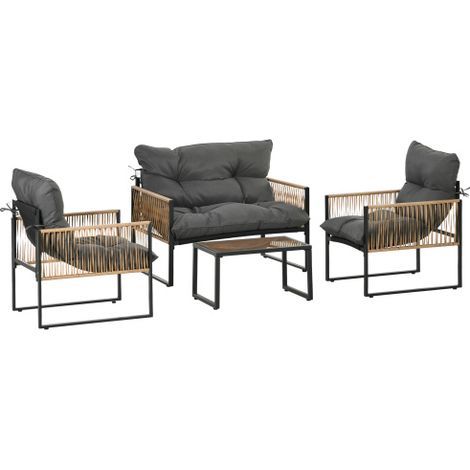 Outsunny 4 tlg Rattan Gartenmöbel Set mit Kissen, Gartensitzgruppe, 1 Couchtisch aus Glas, 2 Sessel, 1 Doppelsofa, elegante Sitzgarnitur