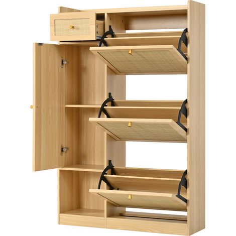 Zapatero estrecho de ratán con 3 abattibles, 1 cajón y 1 puerta, color natural, 80,5 x 25 x 125 cm (1/5)
