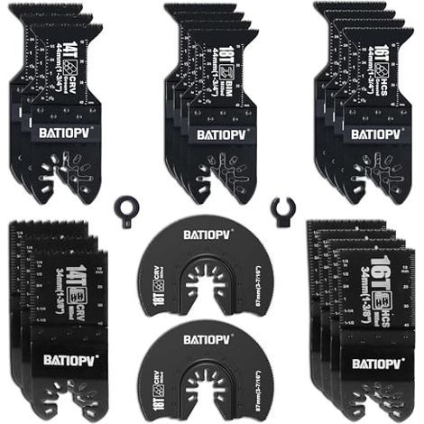 20Pcs Lame de Scie Oscillante Universelles pour Outil Multifonction - Compatibles avec Makita, Fein, Dremel, Dewalt Coupe Bois, Métal, Clous, Plastique. Accessoires Précis et Durables (1/5)