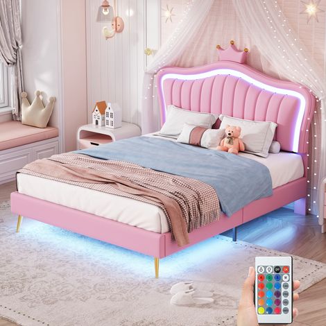 Letto singolo 140x200 cm, tessuto similpelle, con illuminazione LED, testiera a forma di corona, rete a doghe, letto trapuntato - rosa