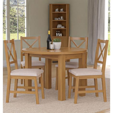 Hallowood Furniture Waverly Oak Small Round Dining Table and Chairs Set 4, Solid Wooden Drop Leaf Table Table and Chairs with Cross Back and Beige Fabric Padded Seats for Home and Café