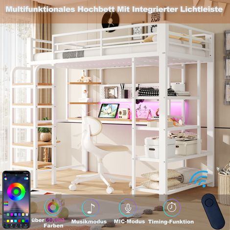 Lit mezzanine blanc 90x200 cm avec panneaux perforés, bureau intégré, prise CEE, éclairage LED multicolore, étagères multi-niveaux, petite bibliothèque, échelle verticale, lit surélevé simple. (1/5)