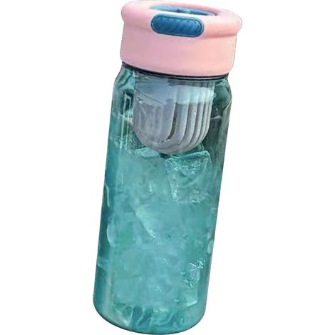 Kunststoff-Trinkflasche mit integriertem Teesieb, transparenter Korpus, 650 ml, Sport-Trinkflasche für Büroangestellte, rosa Deckel, blauer Korpus (1/5)