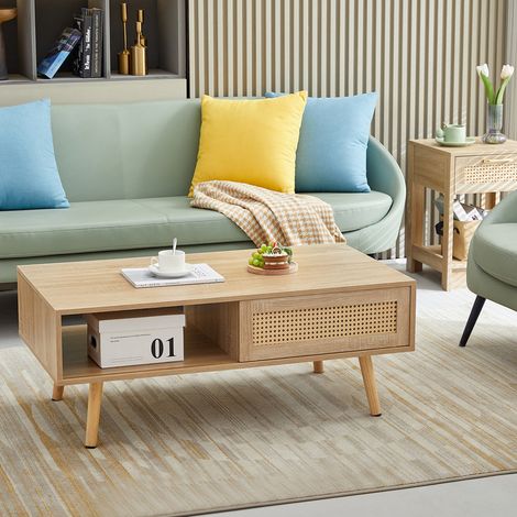 Table basse en osier avec portes coulissantes, pieds en bois massif – Table de salon moderne en bois – Pour salon – H40 × L105 × P55 cm