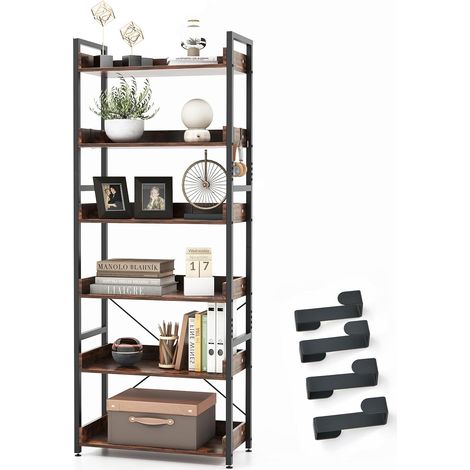 GOPLUS Bibliothèque à 6 Niveaux avec 4 Crochets,Style Industrielle,Étagère Autoportante,Kit Anti-Basculement,Repose-Pieds Réglables (1/5)