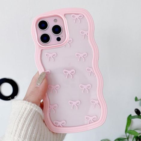 Coque pour iPhone 12/12 Pro, Étui Clair et Mignon Nœud Ruban de Portable Esthétique Vague Bouclée, Housse Protectrice Antichoc Mince et Douce Transparent pour Femmes Filles - Rose (1/5)